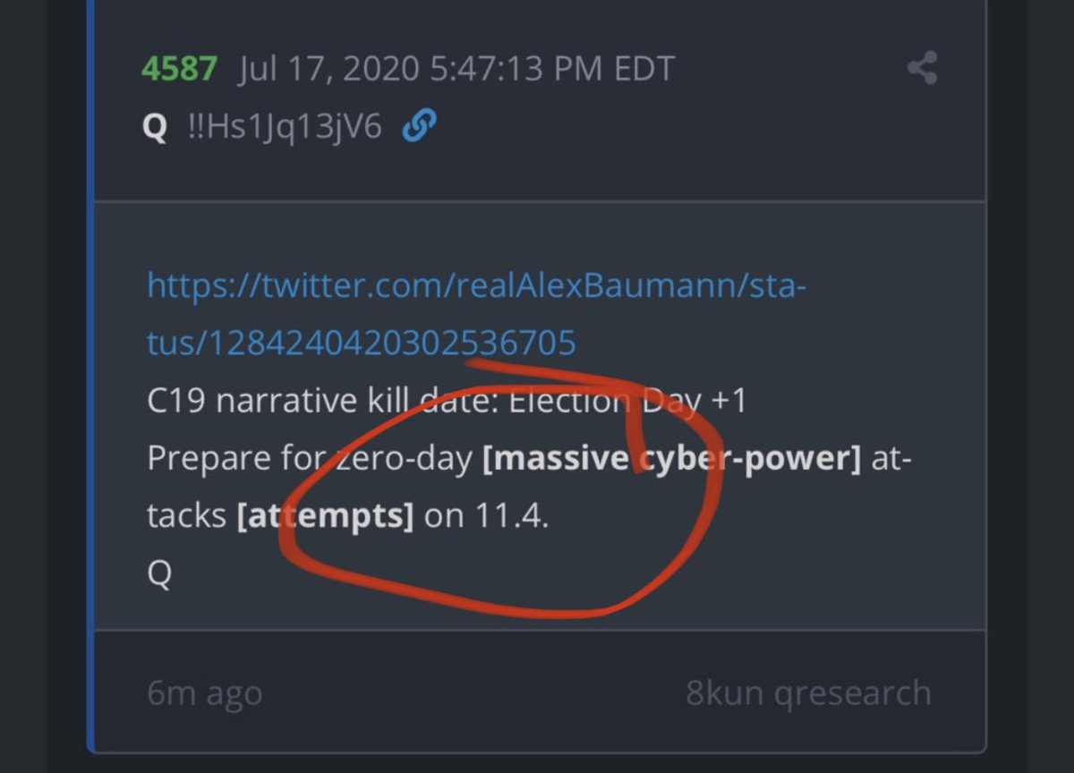 Deep state would realize the gig is up and they must execute their final plan. Here’s the funny part. Q and  @potus know exactly what their plans are. Notice Q post 26 is a  @potus tweet simply saying “November 3”. Obvisly this is reference to Presidential election but this