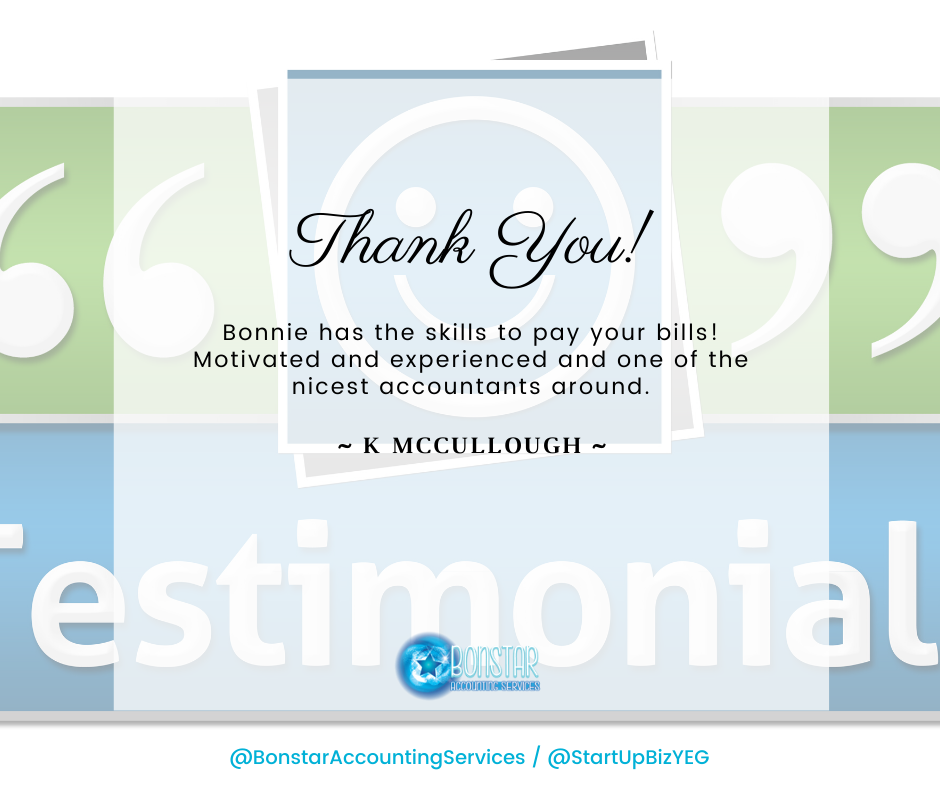 BonstarAcct's tweet photo. "Bonnie has the skills to pay your bills! Motivated and experienced and one of the
nicest accountants around." ~ K McCullough
#FridayTestimonials
#HappyClients
#Skills
#Experience https://t.co/BLNWY1V6Qq