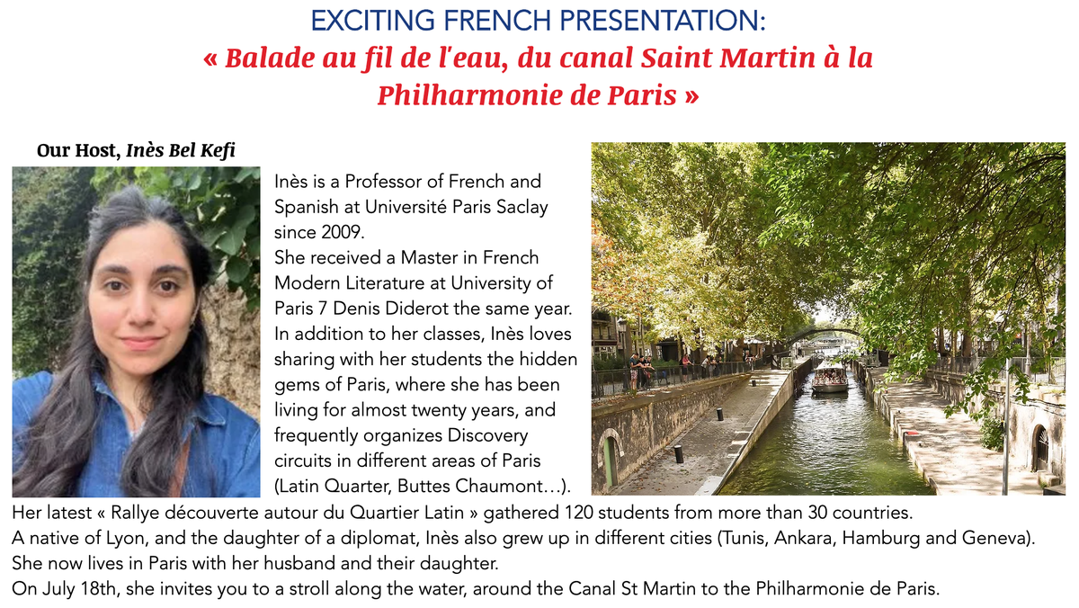AFProvidence's tweet photo. Come join #AFProvidence for the remaining Saturdays of July when we host two free virtual events, beginning tomorrow at 11AM with Prof. Inès Bel Kefi's French presentation «Balade au fil de l'eau, du canal Saint Martin à la Philharmonie de Paris». See poster and site for details. https://t.co/zmqzQDZQNI