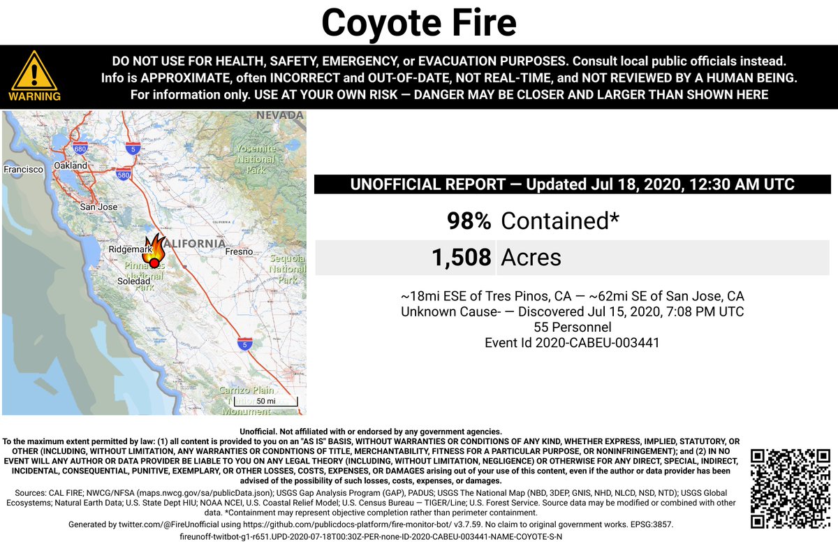 CaliFireBot's tweet photo. #CoyoteFire 🔥 unofficial, automated update.
@calfirebeu; ~18mi ESE of Tres Pinos, CA. ⚠️ DO NOT USE FOR SAFETY PURPOSES - See officials instead. May be incorrect; disclaimers in images. https://t.co/mTcjLA1yjG