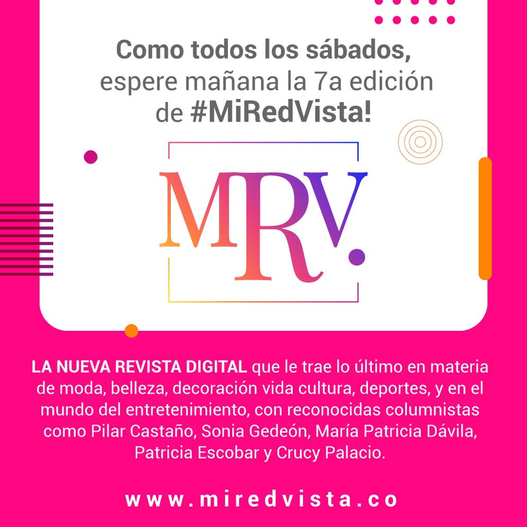 MiRedVista's tweet photo. ⏰¡#AProgramarse! Como todos los sábados esperen mañana nuestra séptima edición de @MiRedVista, la nueva revista digital que le trae lo último en materia de moda, belleza, decoración, deportes, y en el mundo del entretenimiento.
Para estar más informado➡️https://t.co/IHs3iBlxFv https://t.co/KqyaAp5FQk