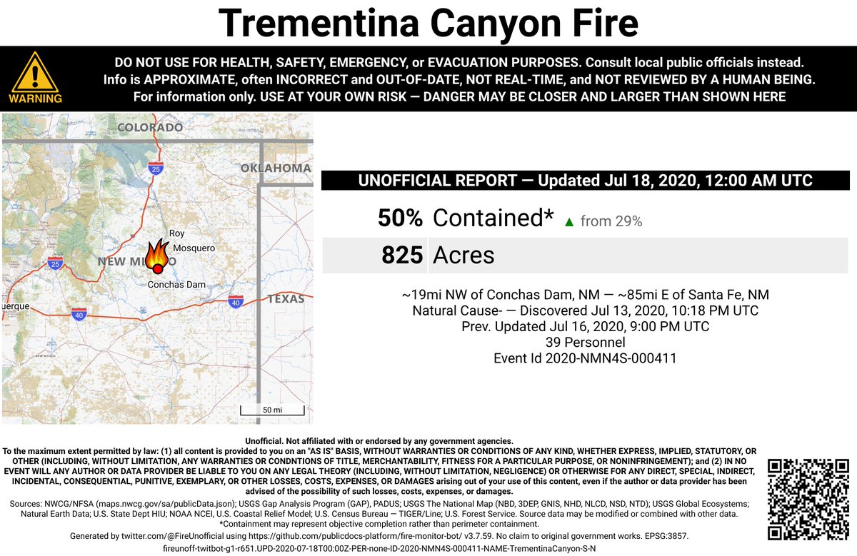 SWFireBot's tweet photo. #TrementinaCanyonFire 🔥 unofficial, automated update.
~19mi NW of Conchas Dam, NM. ⚠️ DO NOT USE FOR SAFETY PURPOSES - See officials instead. May be incorrect; disclaimers in images. https://t.co/FZ9DVjifSF