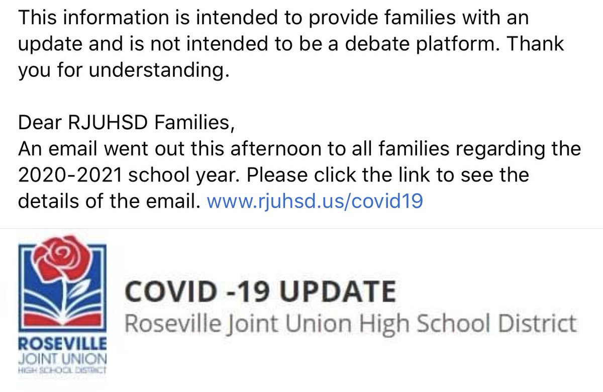 RJUHSD's tweet photo. This information is intended to provide families with an update and is not intended to be a debate platform. Thank you for understanding.
An email went out this afternoon to all families regarding the 2020-2021 school year. Click the link to see email. https://t.co/0AQXv3NwAp https://t.co/ImcSZwAoaW