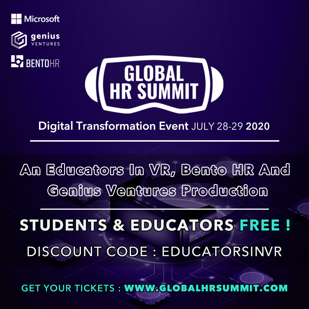 EducatorsVR's tweet image. We've been talking about the amazing #globalhrsummit for HR professionals to benefit the @VRWorldSociety July 28-29. NEW NEWS! Educators in VR members &amp;amp; fans may attend for free! Check this out! globalhrsummit.com #vreducation #freeconference #hrinvr