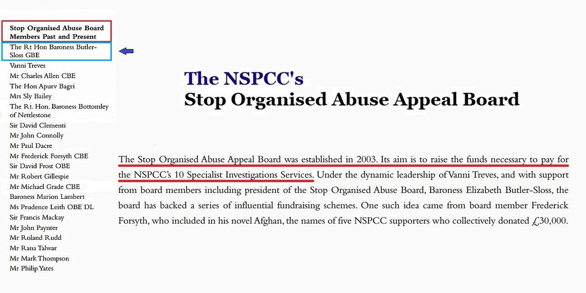 NSPCC - The National Society for the Prevention of Cruelty to Children➋➋ Lady Butler-SlossPreviously chosen to chair the IICSA but had to quit as her brother was Attorney Gen. when the state covered up abuses.Also seen as unwilling to include mention of Bishop Peter Ball.