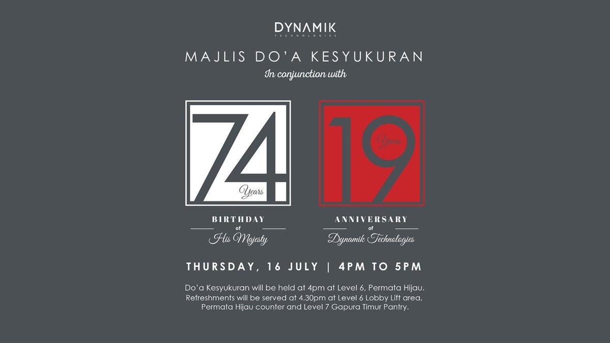 dynamiktech's tweet photo. Last Thursday, Dynamik Technologies has organised a 'Doa Kesyukuran' ceremony in honour of His Majesty Sultan Sultan Haji Hassanal Bolkiah Mu'izzaddin Waddaulah ibni Al-Marhum Sultan Haji Omar '...
#Brunei #BruneiDarussalam #DynamikTechnologies #beDynamik #InformationTechnology https://t.co/Aq6f1RQO78