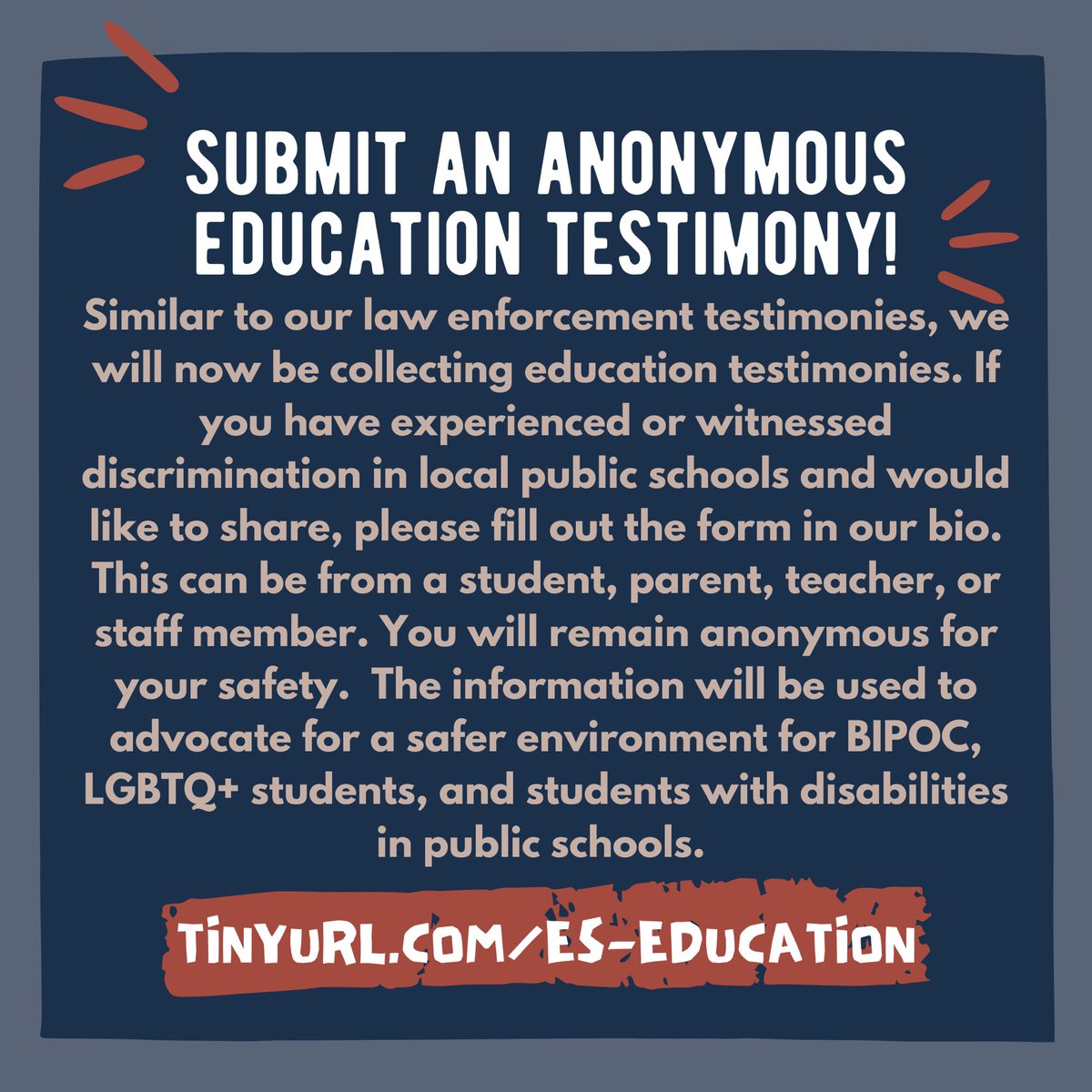 sgarciaherrera's tweet photo. The Eastern Shore For Justice and Reform is collecting testimonies from around the shore in order to amplify voices of those who have been discriminated against or have witnessed discrimination in our public schools. Link is : https://t.co/x9dpJbKZah https://t.co/pp6OMMGL5i