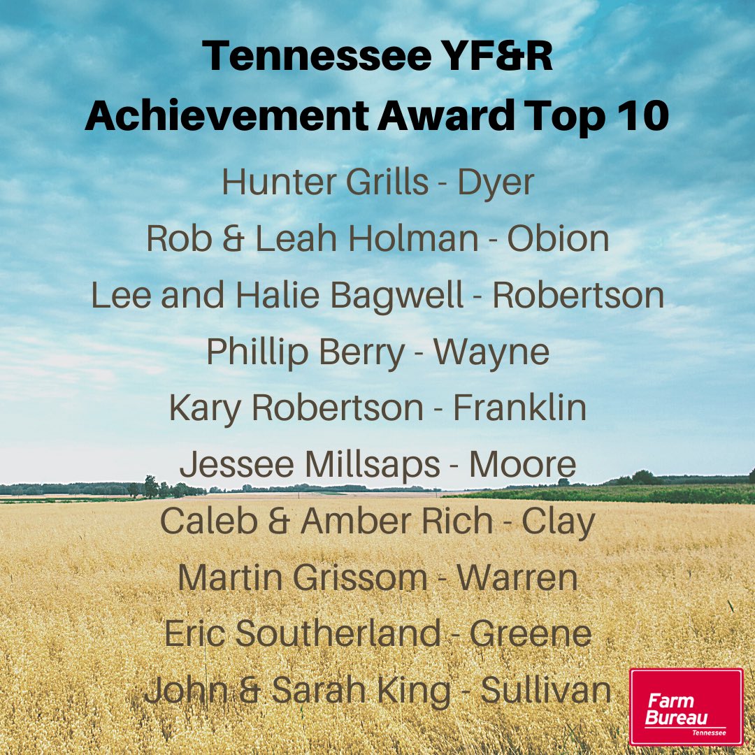 TNFarmBureau's tweet photo. Congratulations to our Top 10 in the Achievement Award Contest! 🎉

#TNFarmBureau | #tnYFR2020 https://t.co/rM9DRSVxot