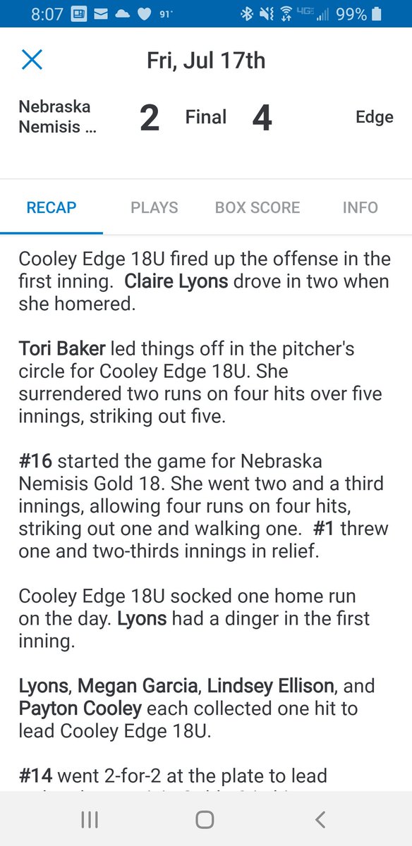 Elkhorn_Edge02's tweet photo. Great start to @USSSAFastpitch Nebraska Class A State going 2-0 in pool play! @_clairelyons_ had a day making diving plays on defense and hitting a 💣 in each game!! @toribaker_6 and @meganngarcia14 handled the pitching! Bracket play at 12:30 tomorrow! #FTG https://t.co/dtrvfeIaLJ