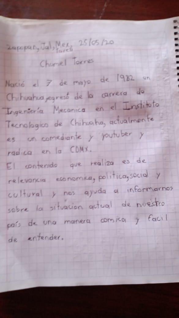 ChumelTorres's tweet photo. Me llegó la tarea de un morrillo de quinto de primaria que le pidieron escribir acerca de alguien que admirara y es es lo mejor que me ha pasado en el año ♥️♥️♥️♥️♥️♥️ https://t.co/LdBk6LbD8S