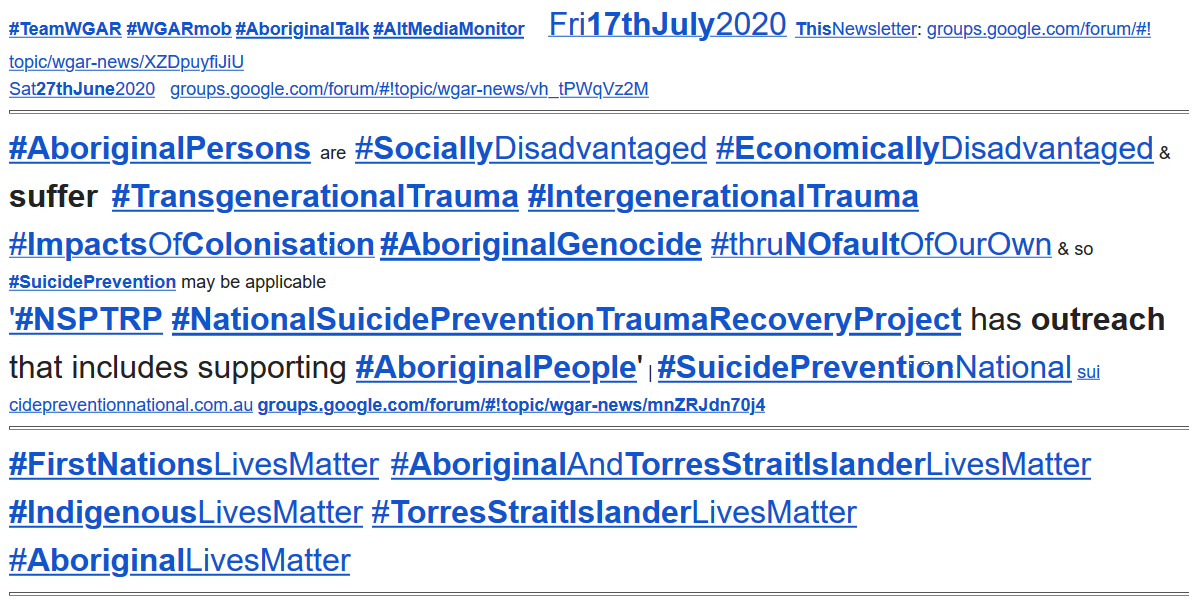 WgarNews's tweet photo. @WhteRbbnAdvocat @EdmJbg @feralislandBud @lynlinking @georgina_116 @JonesHowdareyou @anne_clothier @Michz45 @LadyPoop2 @janettj777 @FatherBob @RachelQuayle08 @NITV @mouseroaring @rjstrikers @RightsLGBTI @BethanyinCBR @Loud_Lass @L_DeWeaver @IAF__FAI @woollogirl @rationalbitch @CapesJoy @CartwheelPrint @BakchosGlass @MorpheusBeing @lobbycoorg @RobRobbEdwards @JennyPineapple2 @geoffrey_payne #AboriginalPersons R #SociallyDisadvantaged #EconomicallyDisadvantaged, suffer #TransgenerationalTrauma #IntergenerationalTrauma #ImpactsOfColonisation #AboriginalGenocide #thruNOfaultOfOurOwn & #SuicidePrevention Needed.. #NSPTRP Supports #AboriginalPpl & #nonIndigenousPeople https://t.co/fd6GBqkHIx
