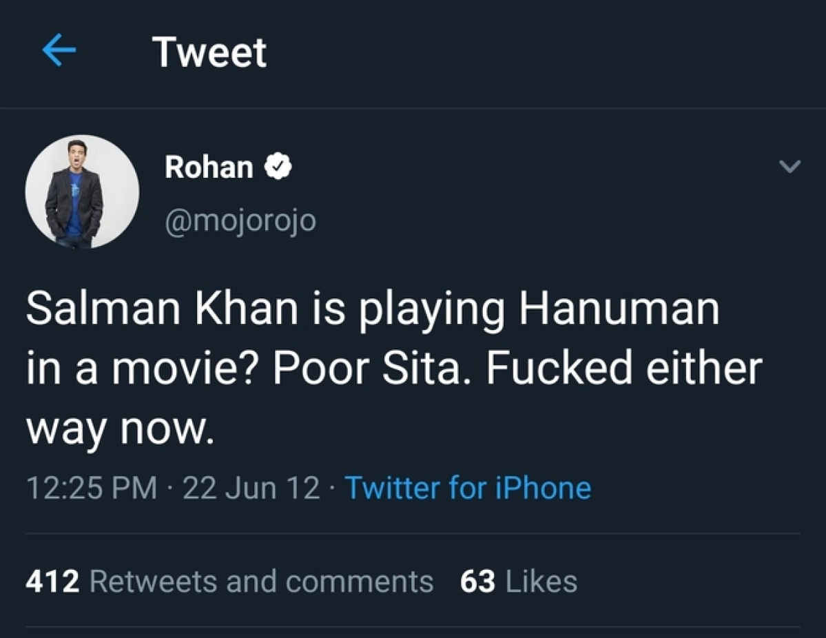 Eg 6- Similarly, a screenshot of AIB co-founder Rohan Joshi's old tweet went viral on Twitter wherein he is seen making a derogatory statement against Ma Sita.copied from  https://swarajyamag.com/analysis/why-selectively-target-hindu-gods-the-saga-of-indian-stand-up-comics-apologising-after-hurting-sentiments 7/n