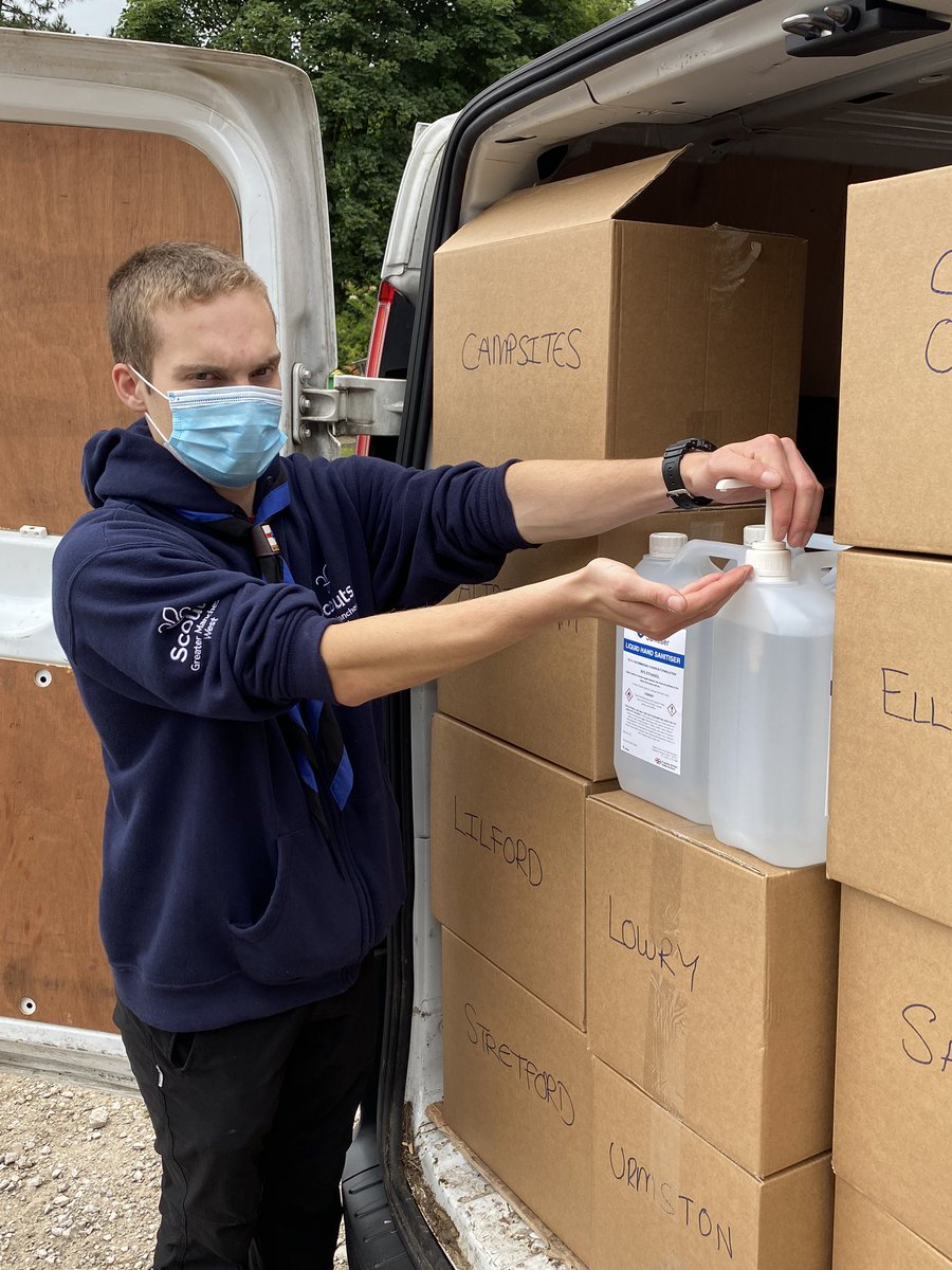 GMWScouts's tweet photo. This evening members of our Leadership Team loaded a van with 500 litres of hand sanitiser to distribute to DCs for groups across our County! We are pleased to provide sanitiser to our groups to help them prepare for the return of face-to-face Scouting! #GMWScouts #SkillsForLife https://t.co/3VKticn8bb
