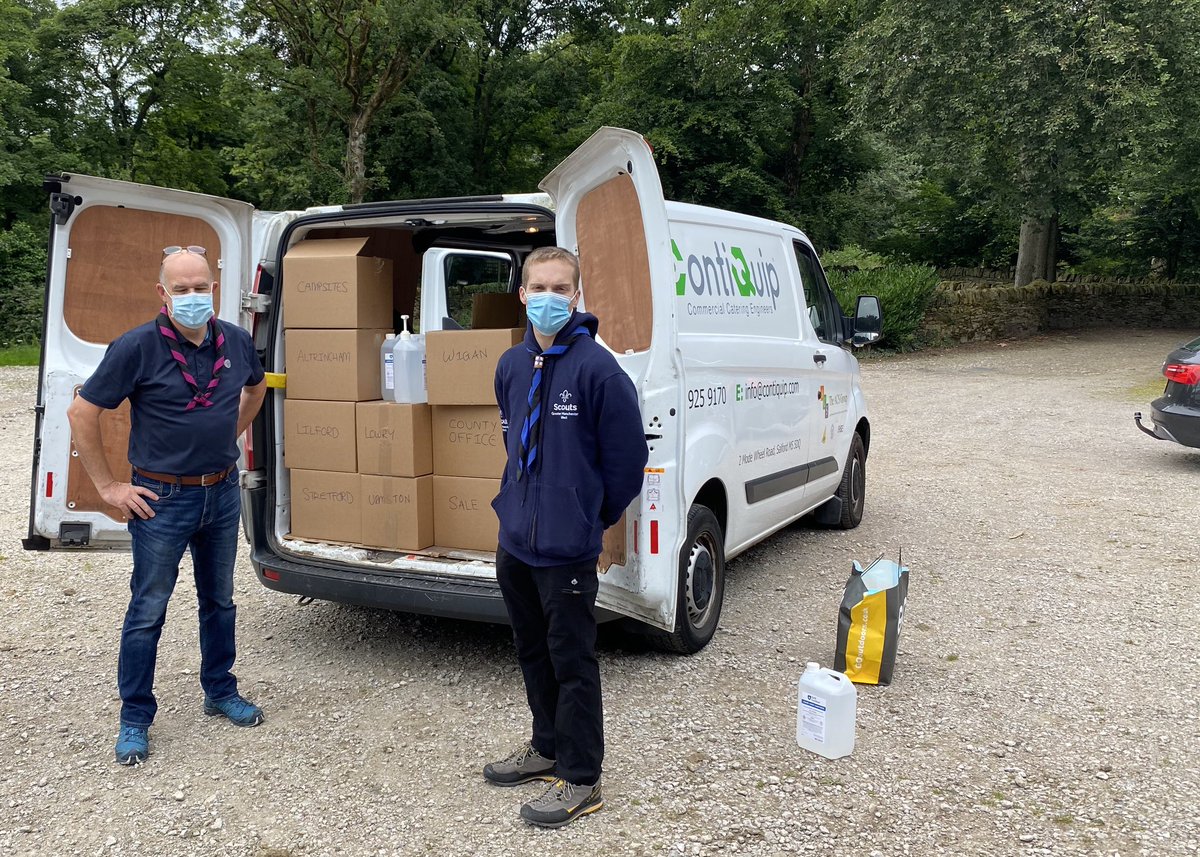 GMWScouts's tweet photo. This evening members of our Leadership Team loaded a van with 500 litres of hand sanitiser to distribute to DCs for groups across our County! We are pleased to provide sanitiser to our groups to help them prepare for the return of face-to-face Scouting! #GMWScouts #SkillsForLife https://t.co/3VKticn8bb