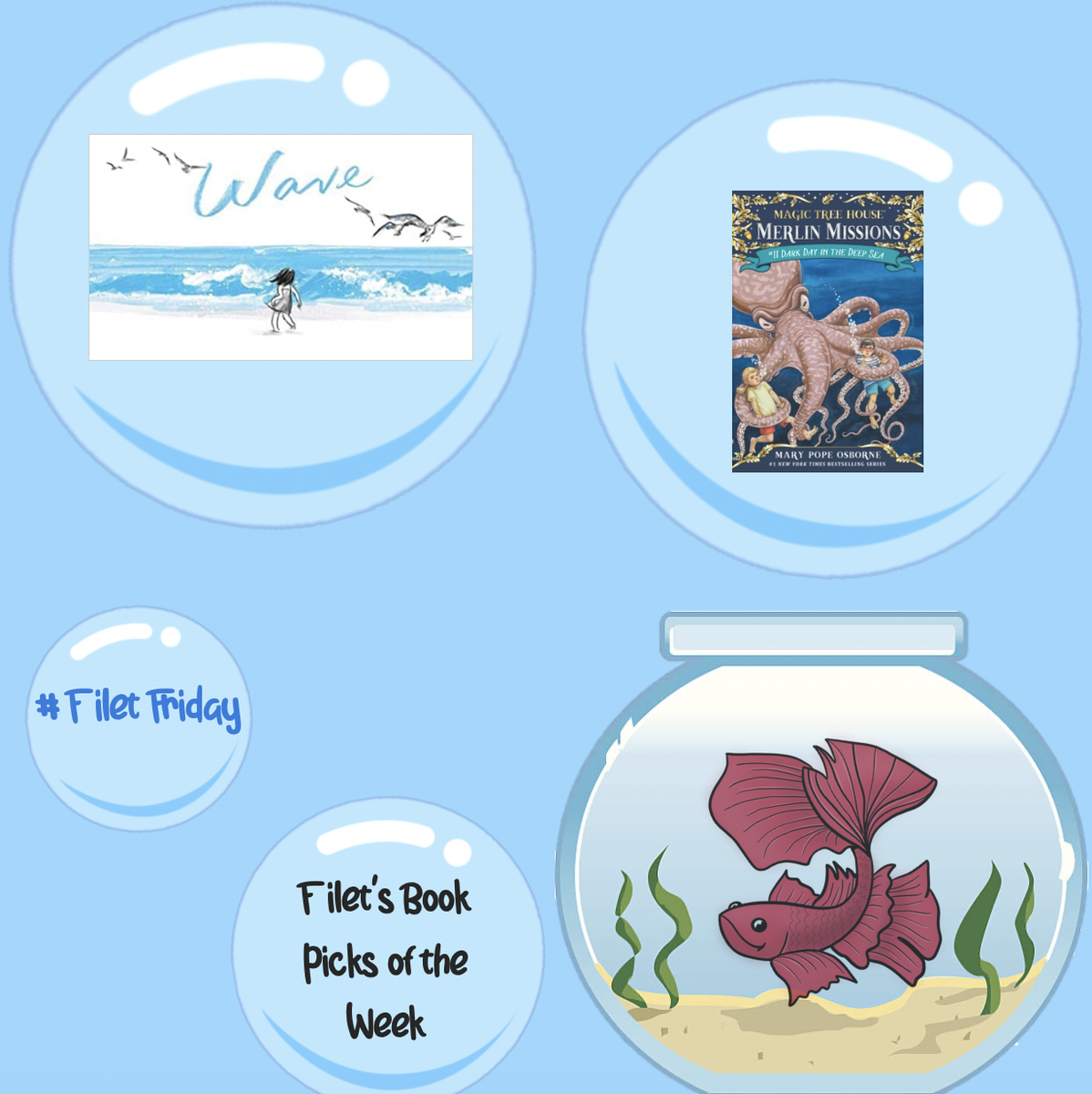 BXVLibrary's tweet photo. Happy #FiletFriday, everyone! This week, I read the gorgeous picture book Wave by Suzy Lee and Dark Day in the Deep Sea by Mary Pope Osborne. I miss going to the beach and swimming with my friends, but these were a great substitute. --Filet the Library Fish https://t.co/cfoRxV21re