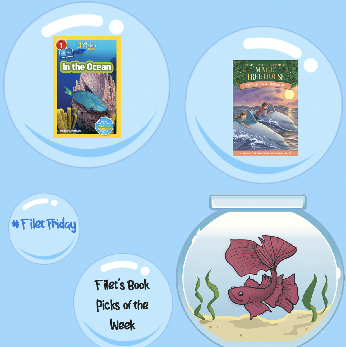 BXVLibrary's tweet photo. I've been on a chapter book/easy reader kick, so this week I read In the Ocean from @natgeo and Dolphins at Daybreak by @mary_pope_osborne. That way, I could read fact and fiction about the same thing! What have you been reading? -Filet the Library Fish #FiletFriday https://t.co/uzJLBbDKal