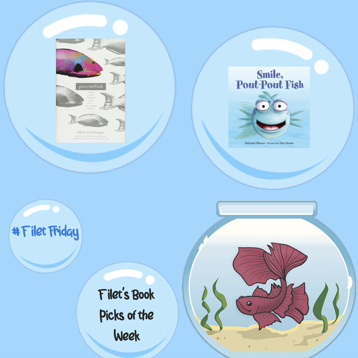 BXVLibrary's tweet photo. Happy #FiletFriday everyone! I split my time between two books this week. Parrotfish by @EllenWittlinger was so insightful and inclusive that I want to know if there are more books out there like it! Plus, Pout-Pout Fish is a classic. -Filet the Library Fish https://t.co/TBLpwlc4ZC