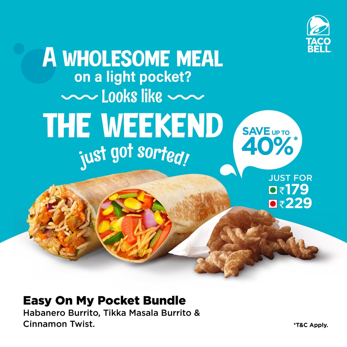 tacobellindia's tweet photo. This #Weekend, give the extra cash in your wallet a break with the 'Easy on my Pocket Bundle'. Splurge guiltlessly and save up to 40% with this meal for 1. Visit https://t.co/WsAAbi70Ak to order this or choose between many such bundles. #NoCookingWeekend https://t.co/3o4ZV5Iqmv