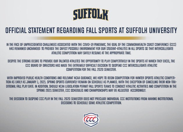 SuffolkWSoccer's tweet photo. Suffolk University’s official statement regarding fall sports. https://t.co/SErfSO9Gss