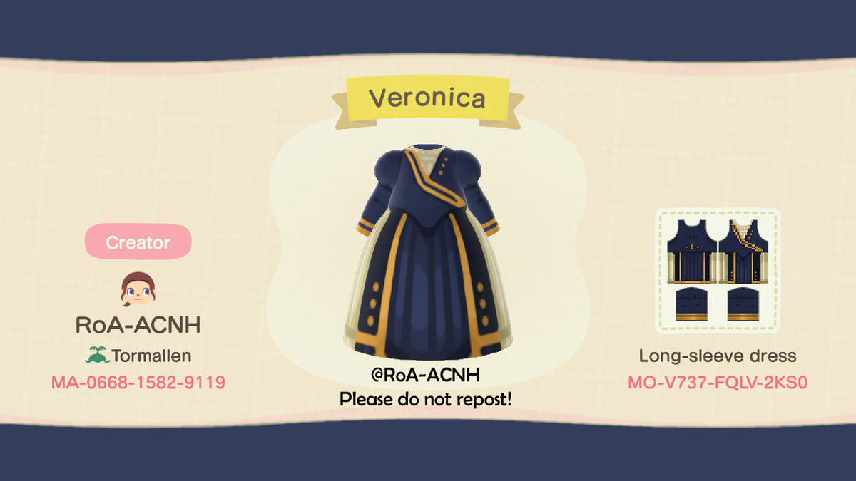 My first (decent) ACNH dress design! Veronica from Story of Seasons/Bokujou  Monogatari #ACNH #ACNHDesign #ACNHclothing #StoryofSeasons  #BokujouMonogatari