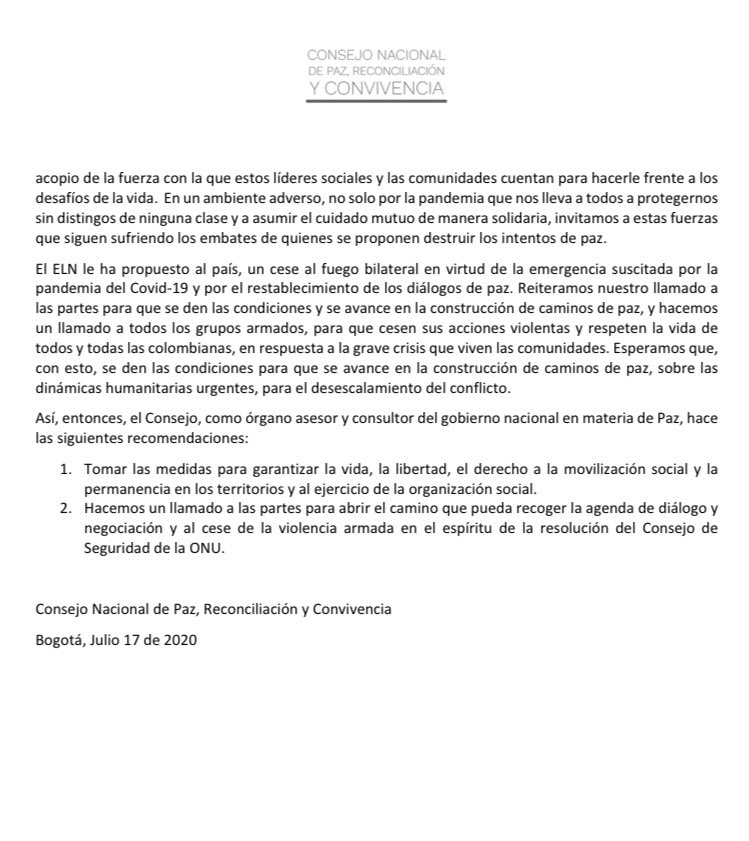 ConsejoPaz's tweet image. Comunicado a la opinión pública del Consejo Nacional de Paz, Reconciliación y Convivencia.