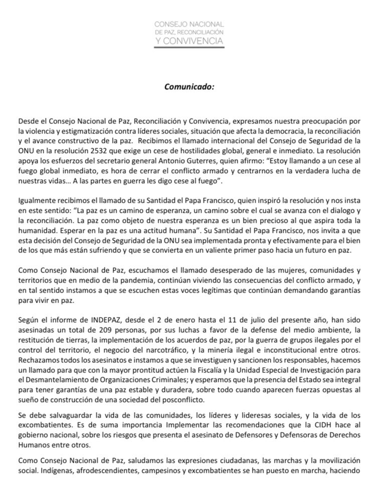 ConsejoPaz's tweet image. Comunicado a la opinión pública del Consejo Nacional de Paz, Reconciliación y Convivencia.