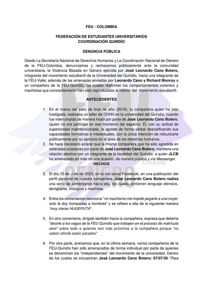 digital_accion's tweet photo. #Denuncia #Mujeres líderes, Estudiantes de la @Uniquindio alertan sobre #ViolenciaDeGénero, lenguaje de odio, intimidaciones y amenazas por parte de los señores José Leonardo Cano y Richard Monroy.
#LasMujeresSeRespetan  #NoMás💪👄 @FEUColombia @FEUQ https://t.co/5vi2hQLSWf