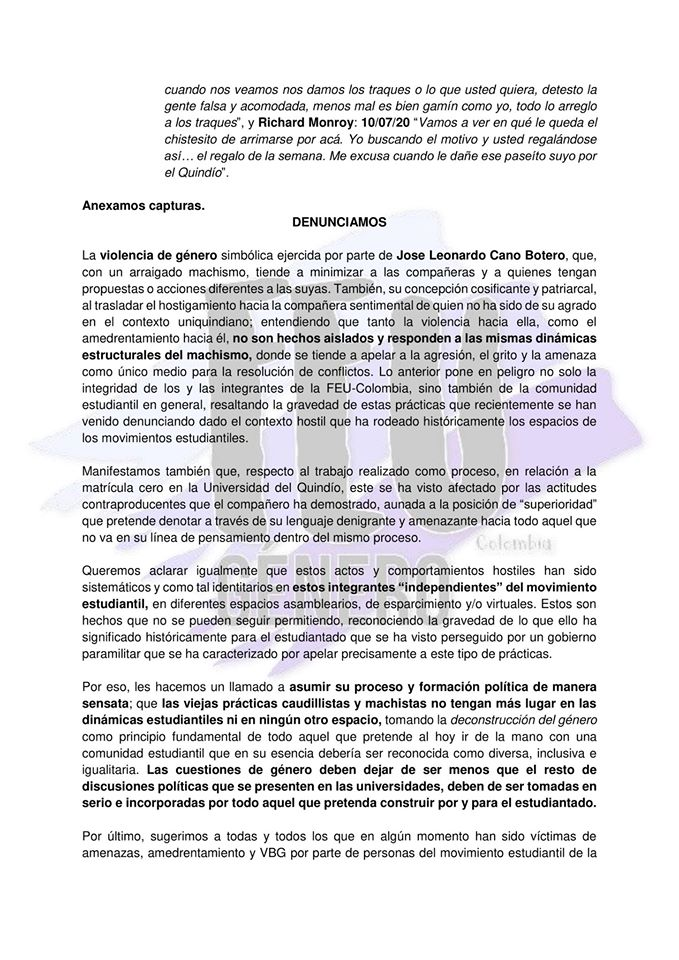 digital_accion's tweet photo. #Denuncia #Mujeres líderes, Estudiantes de la @Uniquindio alertan sobre #ViolenciaDeGénero, lenguaje de odio, intimidaciones y amenazas por parte de los señores José Leonardo Cano y Richard Monroy.
#LasMujeresSeRespetan  #NoMás💪👄 @FEUColombia @FEUQ https://t.co/5vi2hQLSWf