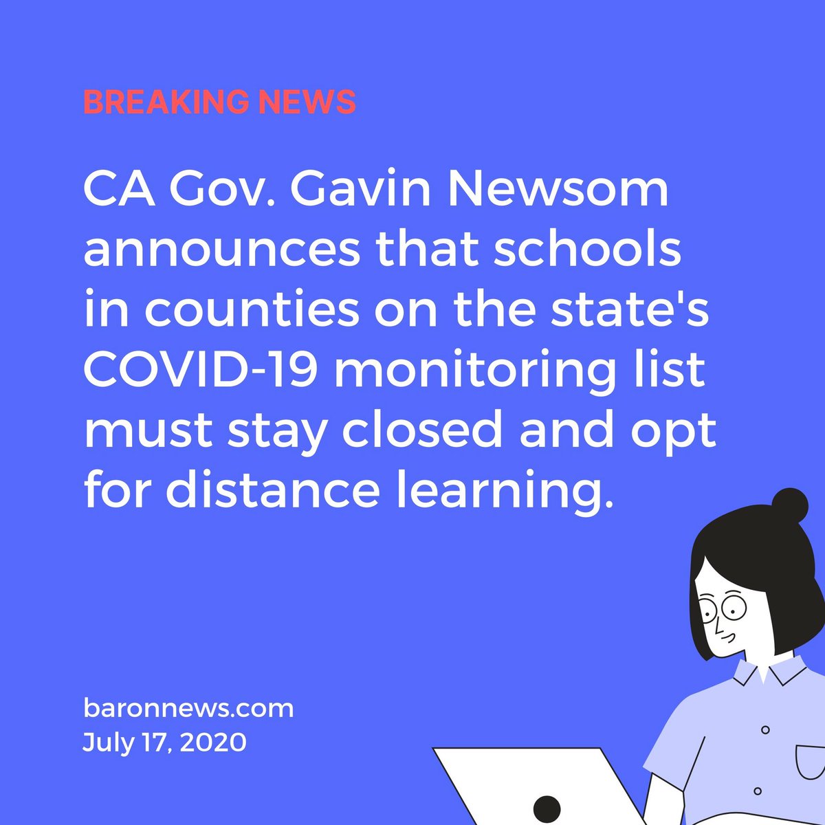BaronNews's tweet photo. California Governor @GavinNewsom announced that schools in counties on the state’s #COVID19 monitoring list cannot hold in-person instruction.⁣⁣ #OrangeCounty was added to the watch list on June 28. ⁣Read more at: https://t.co/Rjwn8rYW6V https://t.co/rTIOz1AQEV