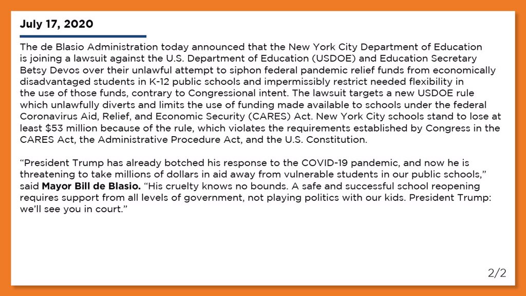 NYCMayorsOffice's tweet photo. BREAKING: New York City is taking the Trump Administration to court for threatening pandemic relief funds for our students. https://t.co/kaJ8sbDosr
