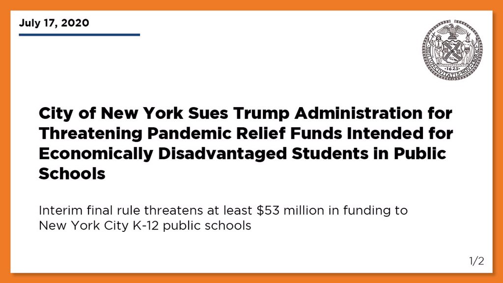 NYCMayorsOffice's tweet photo. BREAKING: New York City is taking the Trump Administration to court for threatening pandemic relief funds for our students. https://t.co/kaJ8sbDosr