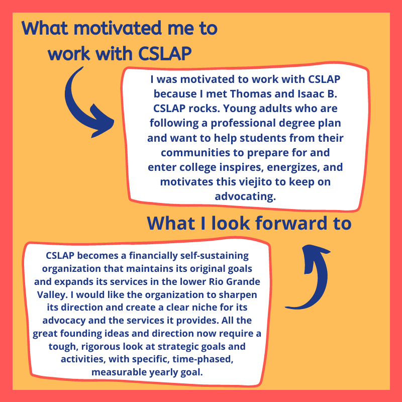 CSLAP_RGV's tweet photo. CSLAP would like to announce our new Advisory Board. These individuals will advise the current board on financing, marketing, and strategic planning. Our first Advisory Board member is Aurelio Montemayor — swipe to read more about him.
#cslap #collegeaccessforall #RGV #college https://t.co/39lSXHuz40