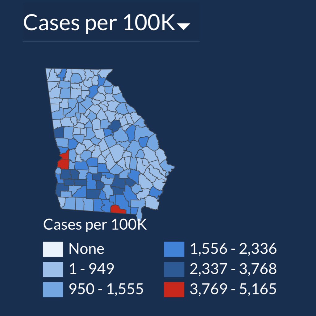 In just 15 days the total number of  #COVID19 cases in Georgia is up 49%, but you wouldn’t know it from looking at the state’s data visualization map of cases. The first map is July 2. The second is today. Do you see a 50% case increase? Can you spot how they’re hiding it? 1/