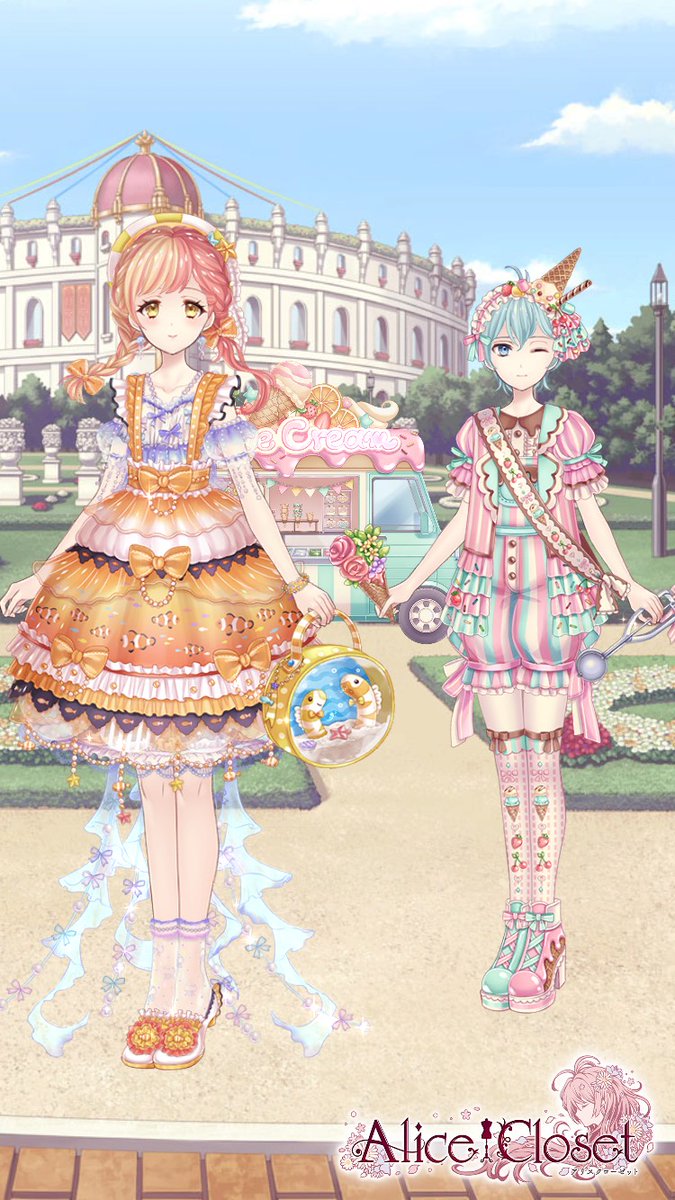 Alice Closet در توییتر コーデのご紹介 水族館の人気者達をたっぷりのフリルで表現した衣装と ハートランド城下町のお店シリーズのアイス屋さんで夏コーデを作りました アリスの表情 メイクアップ ウインク も愛らしい雰囲気ですね 浜辺の背景も近日中に