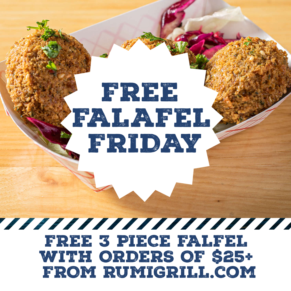rumigrill's tweet photo. Happy Free #Falafel Friday!

Today only, get FREE FALAFELS with every order of $25+ from https://t.co/JSiGiW0QIb. Add "3 Piece Falafel" to your basket and use promo code FALAFELFRIDAY during checkout.

Open for delivery and curbside pickup:
Monday-Saturday 5-10pm
Sunday 4-9pm https://t.co/TAVize7swS