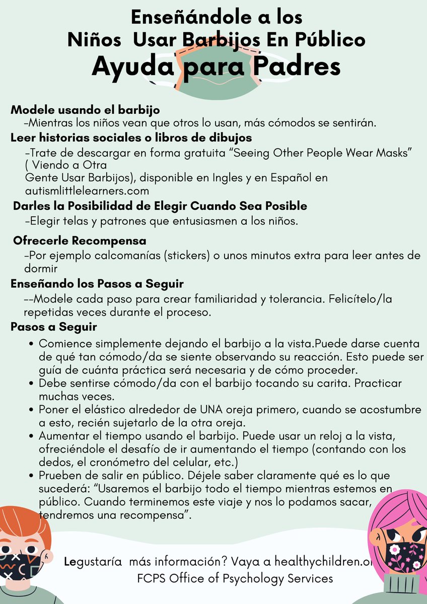 FCPSPsychs's tweet photo. Now our tips for parents on helping children wear masks is a one pager in English, Spanish, and Vietnamese! As we prepare for the fall, these are excellent tools to help parents get their child comfortable with wearing masks. Please share! #TogetherWeRise  @fcpsnews https://t.co/WF7wwpQ44F