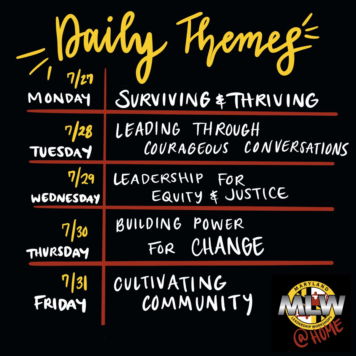 MLWexperience's tweet photo. Are you ready for MLW @ Home?! We’ve got a sneak peek of the themes you can expect to learn about through workshops, discussions, IG Lives, and other activities! It’s not too late to register— head to the link in our bio to stay in the loop! 
#MLW #MLWatHome #MLWmagic https://t.co/JkZot87llr