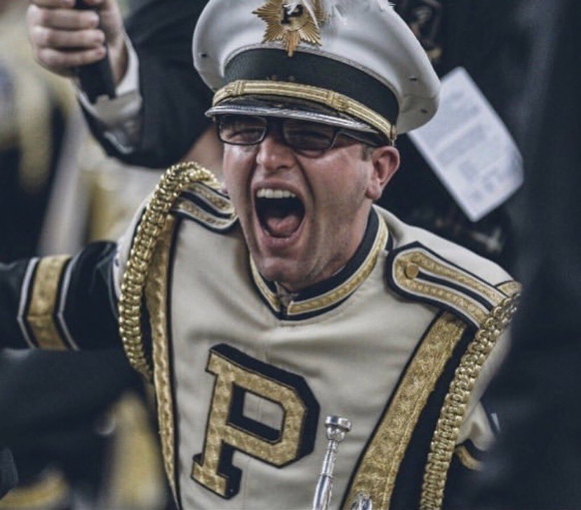 PurdueTPTs's tweet photo. It’s 30 days til band camp, and you know what that means... time to get pumped! To help us, here’s Bobby! An alumni who marched from 2015-2018, his favorite camp memory is when the returning members and SLs march to Hull for the incoming students. It’s always a great surprise! 🎺 https://t.co/6U9VqLDrzx