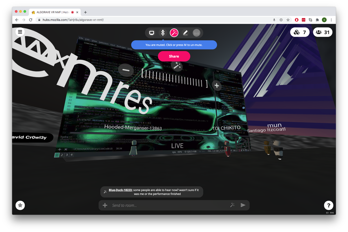 NetMusicFest's tweet photo. .@Cr0wl3yDavid playing in VR space at #NMF2020 @ToplapMx Algorave https://t.co/QiJ2NU99mW
