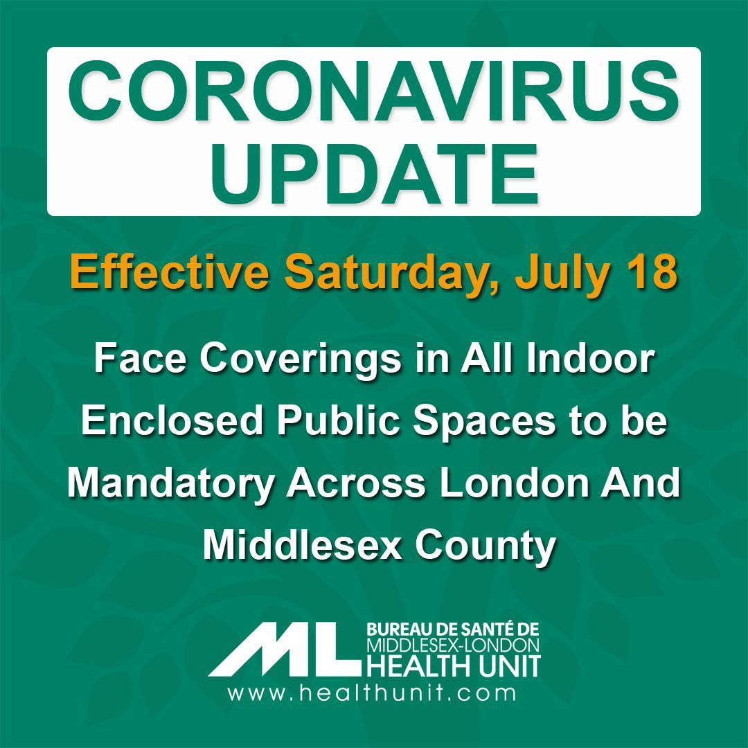 As per London’s health officials at <a href="/MLHealthUnit/">MLHealthUnit</a>, the wearing of face masks will be mandatory in all indoor public places effective tomorrow, July 18. If you plan on visiting us here at Sports Centre, please make sure to bring your mask! Thank you in advance.