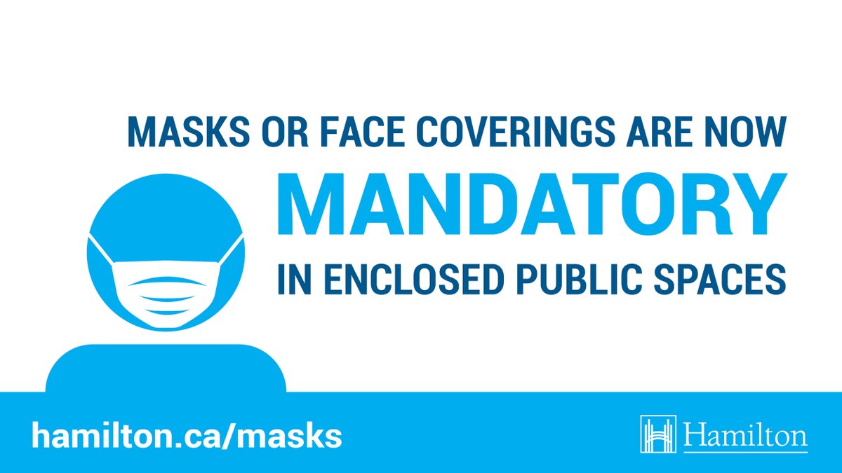 cityofhamilton's tweet photo. Effective July 20, under the By-law 20-155, everyone in Hamilton is required to wear a mask or face covering in enclosed public spaces. Here’s what you need to know about the new by-law: https://t.co/fHCRJIDLBz #HamOnt https://t.co/dFg0zzzIa0