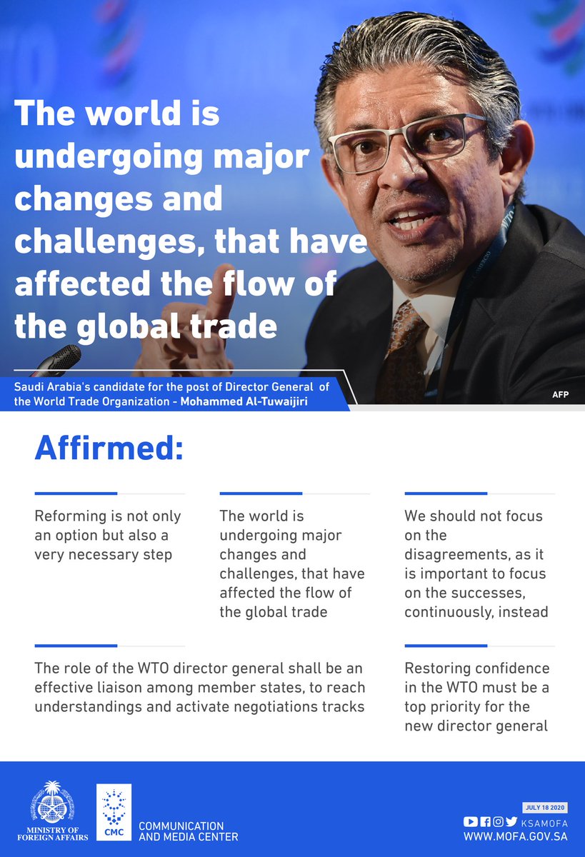 KSAmofaEN's tweet photo. “Reforming is not only an option but also a very necessary step”

- Mohammed AlTuwaijri | Candidate of Saudi Arabia for the presidency of the @wto https://t.co/m1MX20UULN