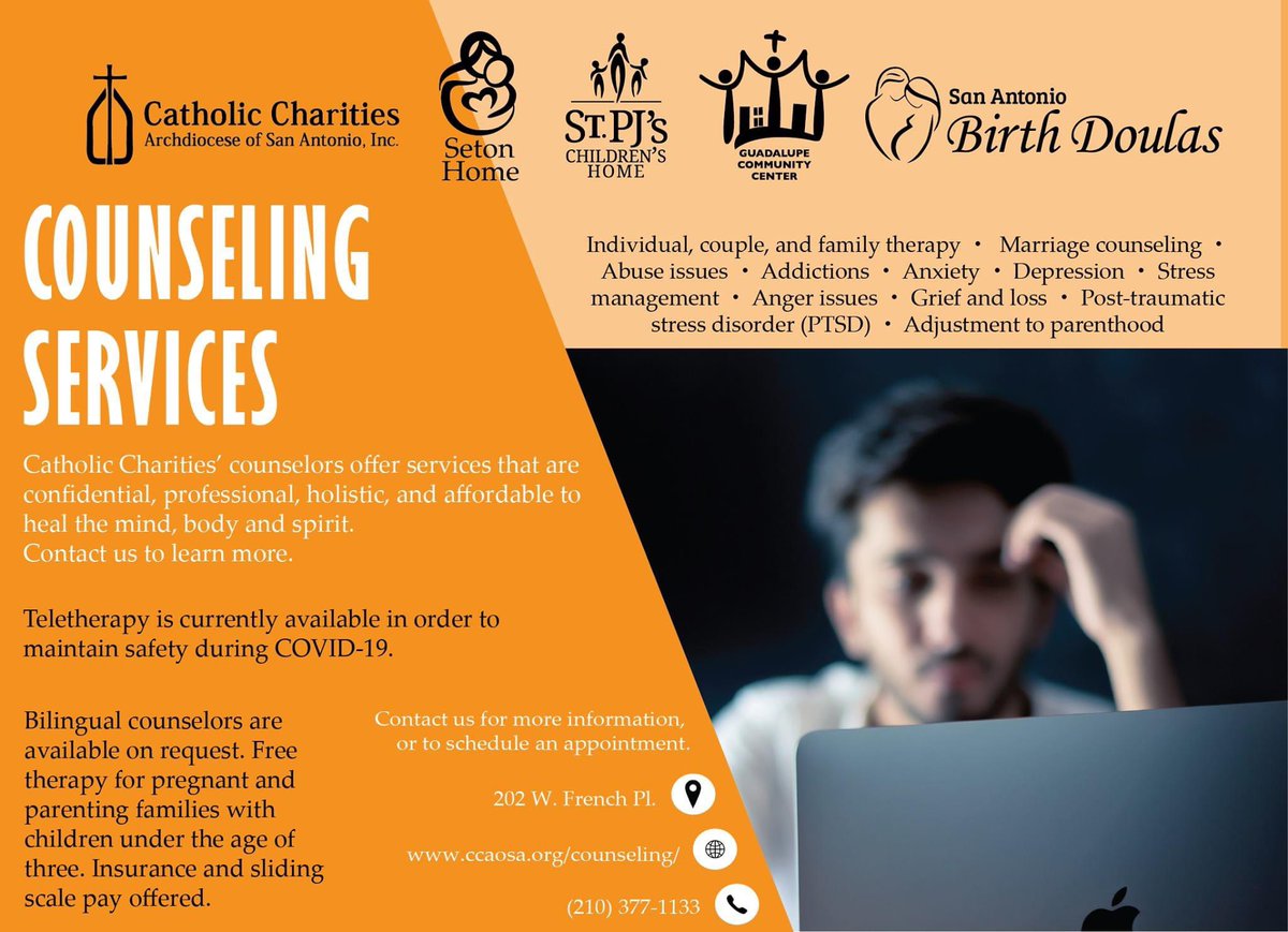CathCharitiesSA's tweet photo. Our counseling services are here for you and will walk with you through whatever circumstance you are facing. Visit our counseling services page at https://t.co/IDNWkdYVE1 or call (210) 377-1133 for more information on teletherapy services during this time. #CCSAAlwaysServing https://t.co/TJp8zdb3Qx