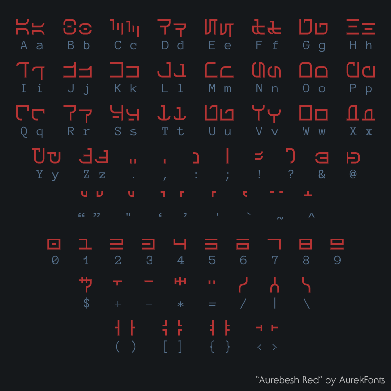 AurekFonts's tweet image. New #monospace #aurebesh #font!

Aurebesh Red is a brand new monospace Aurebesh font by AurekFonts.

Free to download at: aurekfonts.github.io/?font=Aurebesh…

Help keep free fonts free: ko-fi.com/aurekfonts