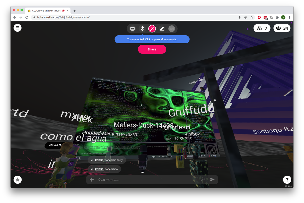 shelly_knotts's tweet photo. This is the most banging VR rave I've been to. @Cr0wl3yDavid is killing it. @NetMusicFest @ToplapMx https://t.co/RhFoYLMT4U