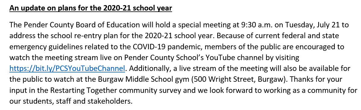 penderschools's tweet photo. A quick update on #RestartingTogether process: New week, we will provide our students, families and stakeholders with more information. Thank you for your patience as we review your input and we look forward to working as a #PenderStrong community in the coming year. https://t.co/LxwE1fftoU
