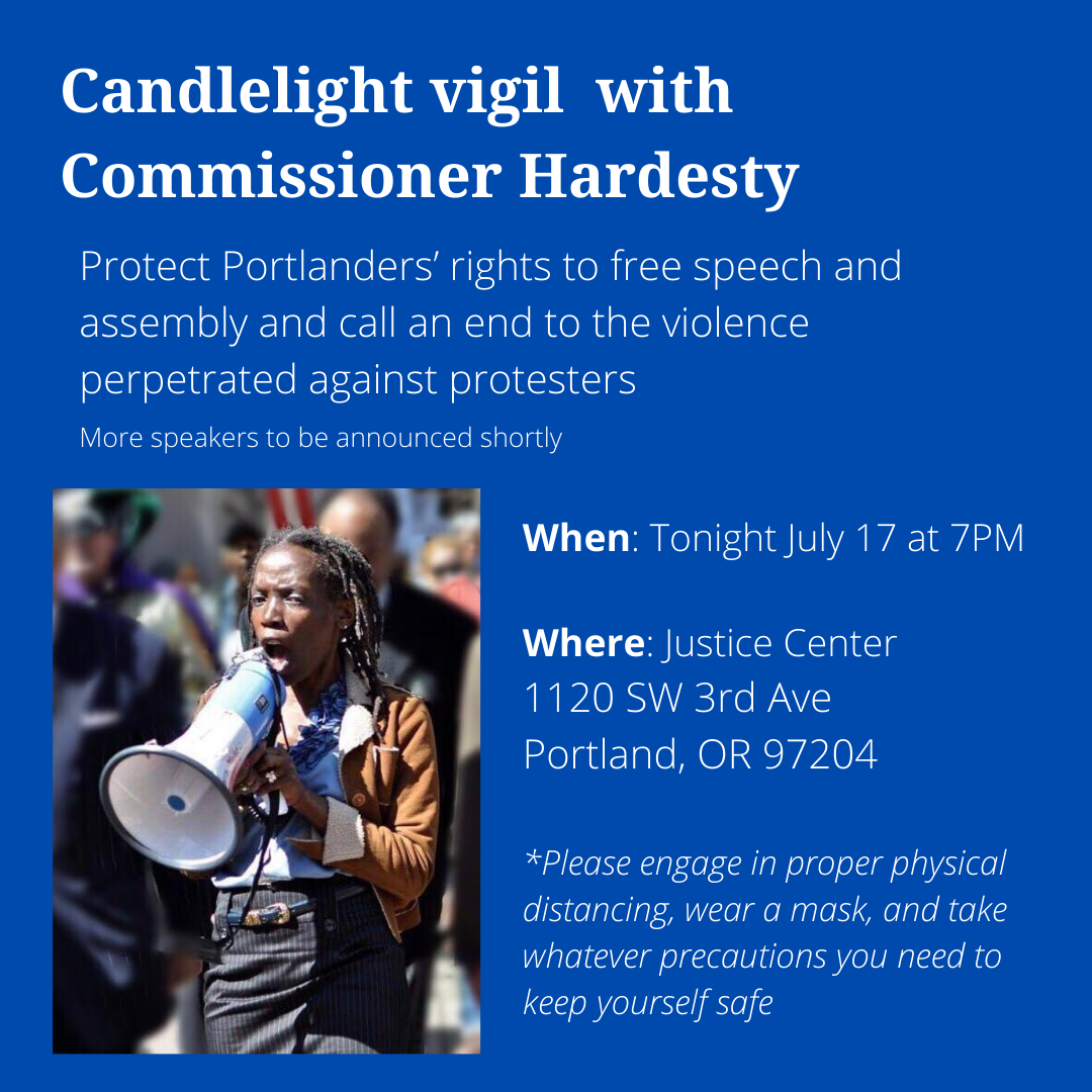 JoAnnPDX's tweet photo. Tonight (July 17) at 7PM I will be at the Justice Center to hold a candlelight vigil to protect Portlanders’ rights to free speech and assembly and call an end to the violence perpetrated against protesters. Thread/ https://t.co/8nsq8EhRJp