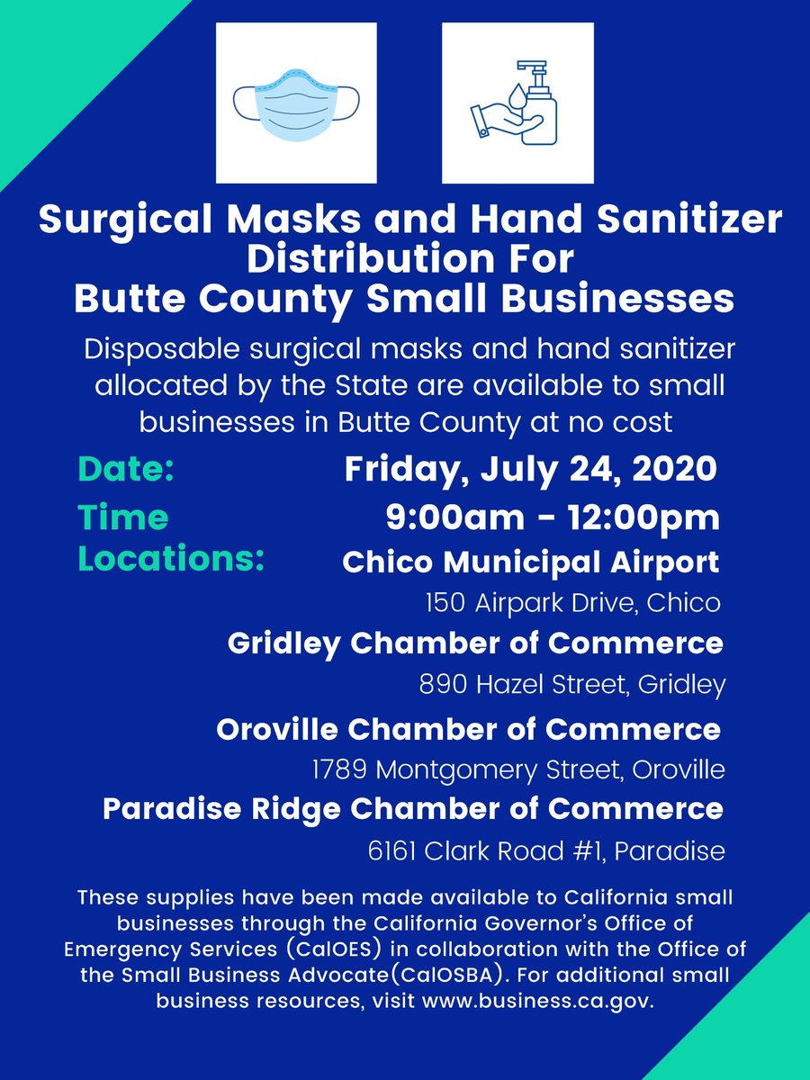 CountyofButte's tweet photo. Surgical Mask and Hand Sanitizer Distribution for Butte County Small Businesses. Check out the flyer for more details. #BetterButte #COVID19 https://t.co/STSr7Elzyp