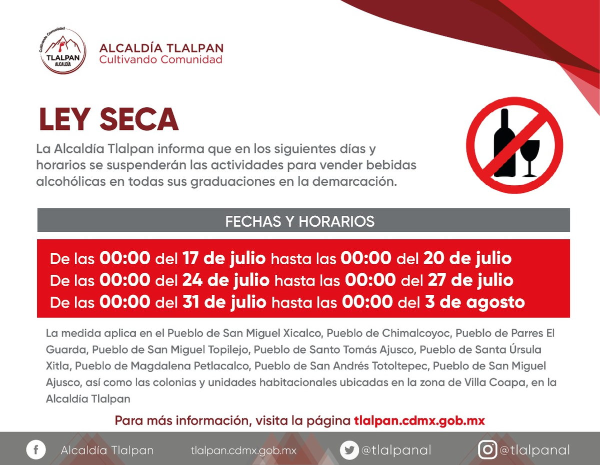 TlalpanAl's tweet photo. Les compartimos la actualización a la #LeySeca en nuestra alcaldía, la venta de alcohol queda prohibida en los siguientes días y en los siguientes pueblos de Tlalpan: 

San Miguel Xicalco
Chimalcoyoc
Parres El Guarda
San Miguel Topilejo
Santo Tomás Ajusco (1/2) https://t.co/IwtYJPDO7h