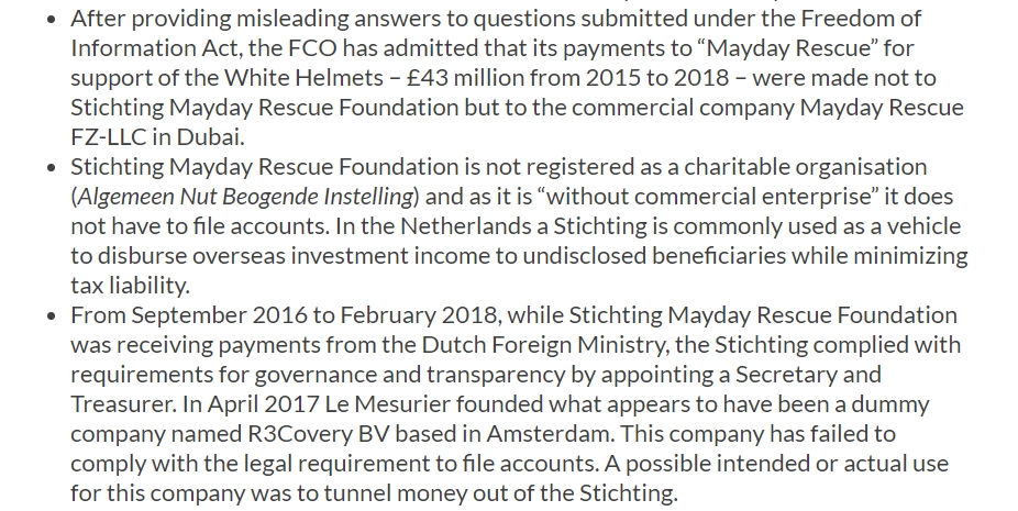After Le Mesurier's death, the Working Group on Syria, Propaganda and Media (WGSPM) published research on the many companies involved in channeling the funds for the  #WhiteHelmets - an intransparent network almost devised for avoiding accountability! http://syriapropagandamedia.org/james-le-mesurier-a-reconstruction-of-his-business-activities-and-covert-role
